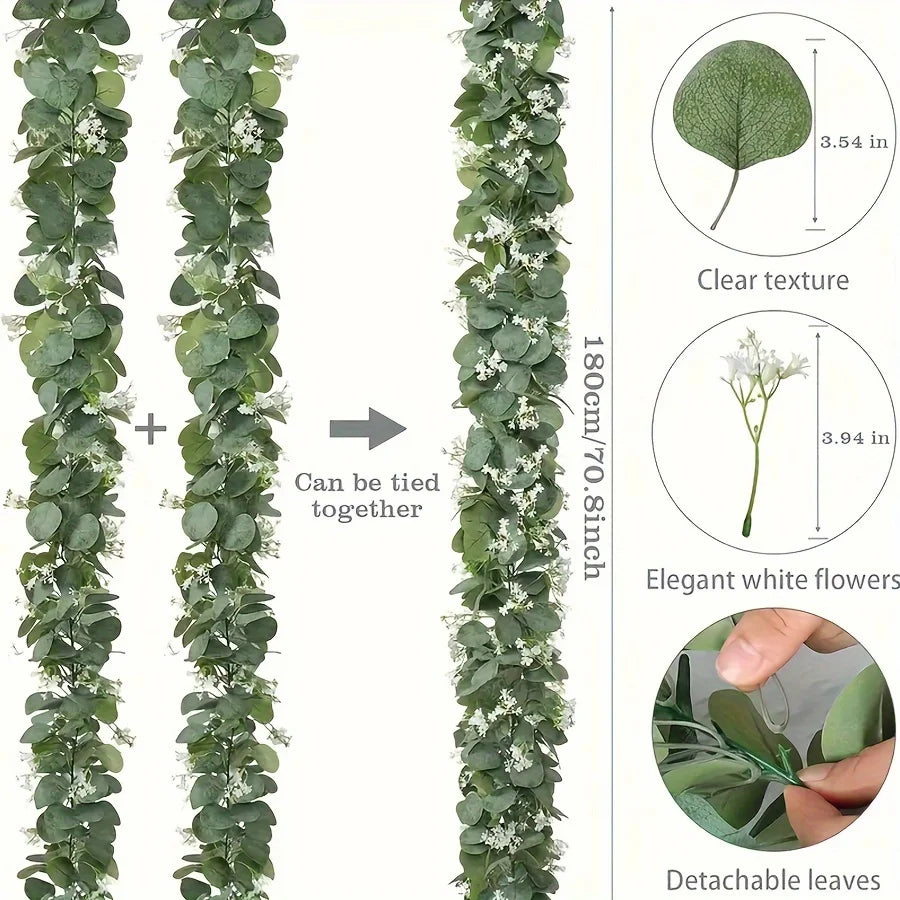 Lush 70.8" Faux Eucalyptus Garland With White Flowers - Perfect For Home & Holiday Decor, Wall Hanging, Yard, And Party Accents