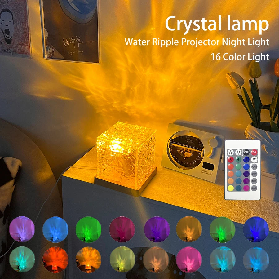 Proyector de luz de aurora con forma de ola oceánica, 16 colores, lámpara de cristal con llama giratoria dinámica y control remoto RGB regulable para decoración de sala de estar.