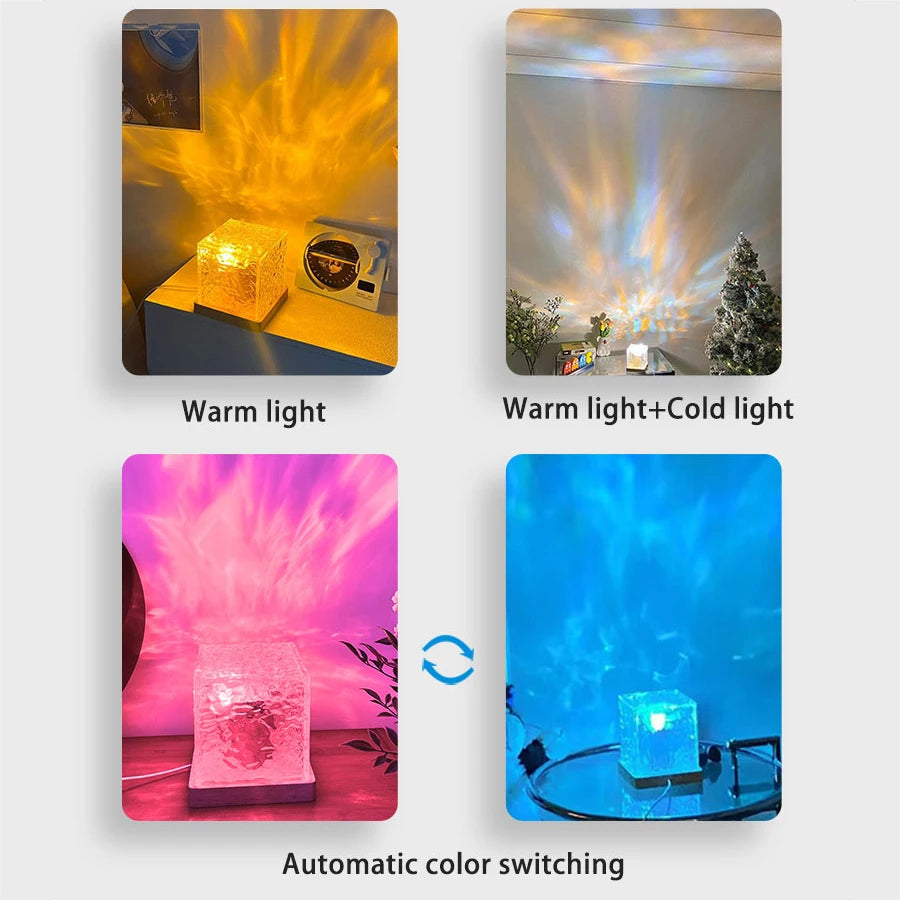Proyector de luz de aurora con forma de ola oceánica, 16 colores, lámpara de cristal con llama giratoria dinámica y control remoto RGB regulable para decoración de sala de estar.