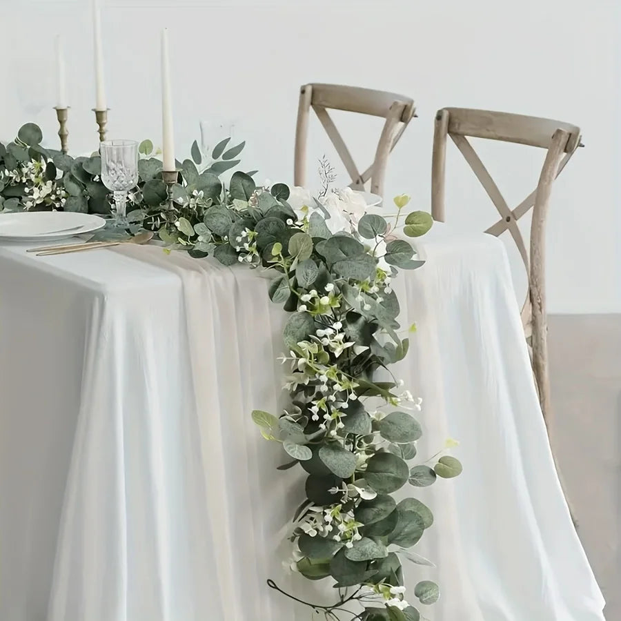 Lush 70.8" Faux Eucalyptus Garland With White Flowers - Perfect For Home & Holiday Decor, Wall Hanging, Yard, And Party Accents