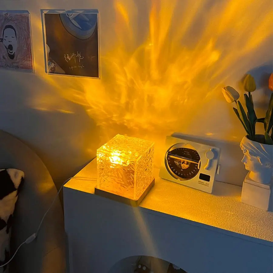 Proyector de luz de aurora con forma de ola oceánica, 16 colores, lámpara de cristal con llama giratoria dinámica y control remoto RGB regulable para decoración de sala de estar.